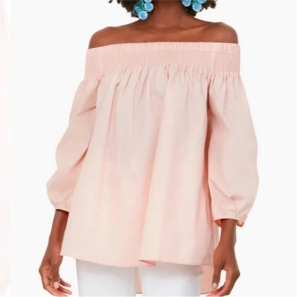 Pomander Place Inslee pink smocked off the shoulder top - Picture 1 of 10